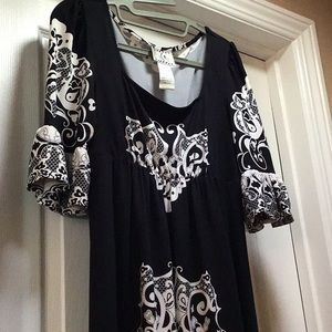 Black White Casual Dress Empire Waist 3/4 Sleeve